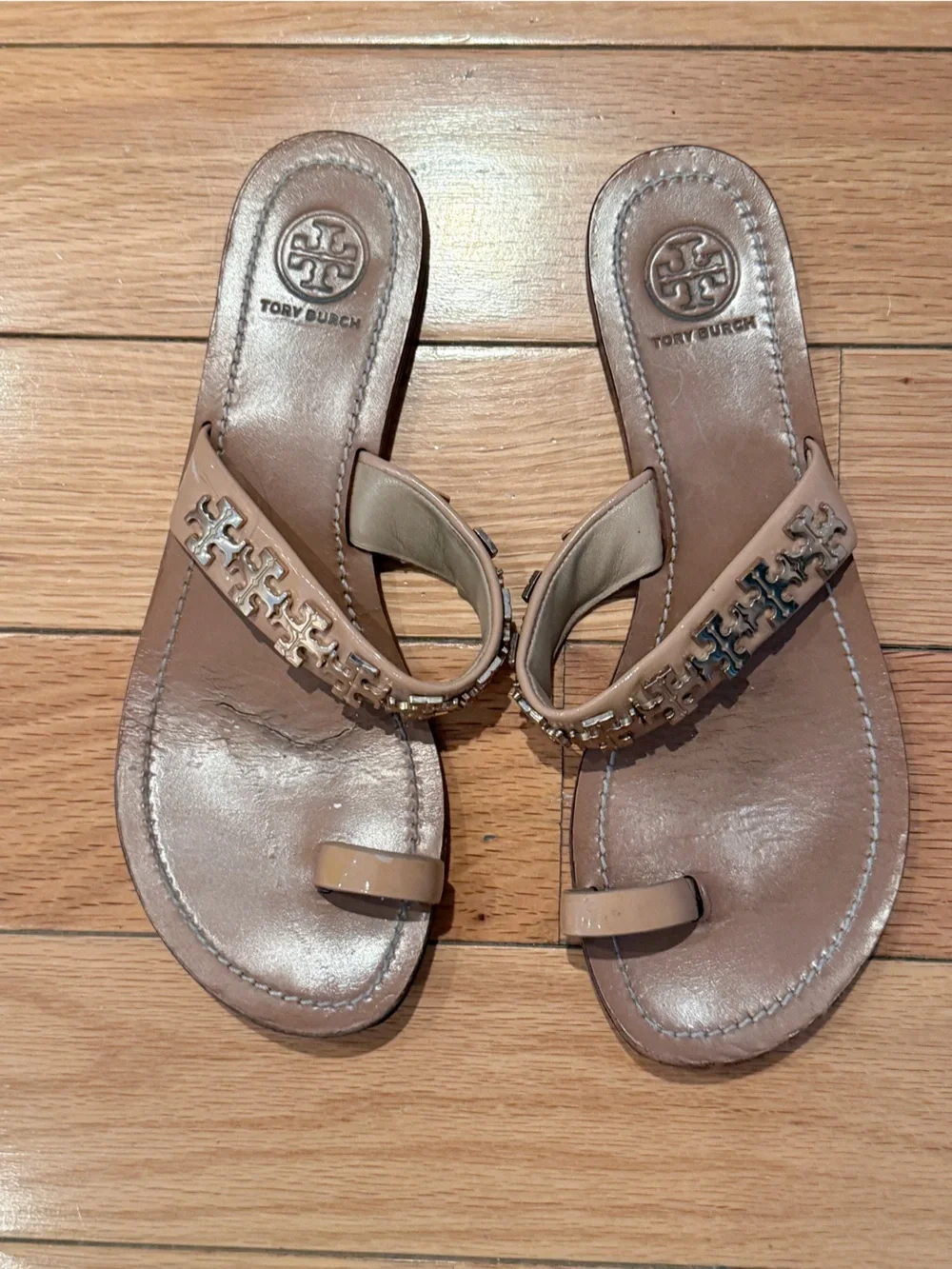 Tory Burch Beige Tan Miller Logo Toe-Post Sandals